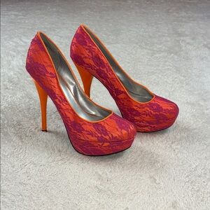 Mix no 6 neon orange and hot‎ pink lace overlay platform stiletto heels, 8